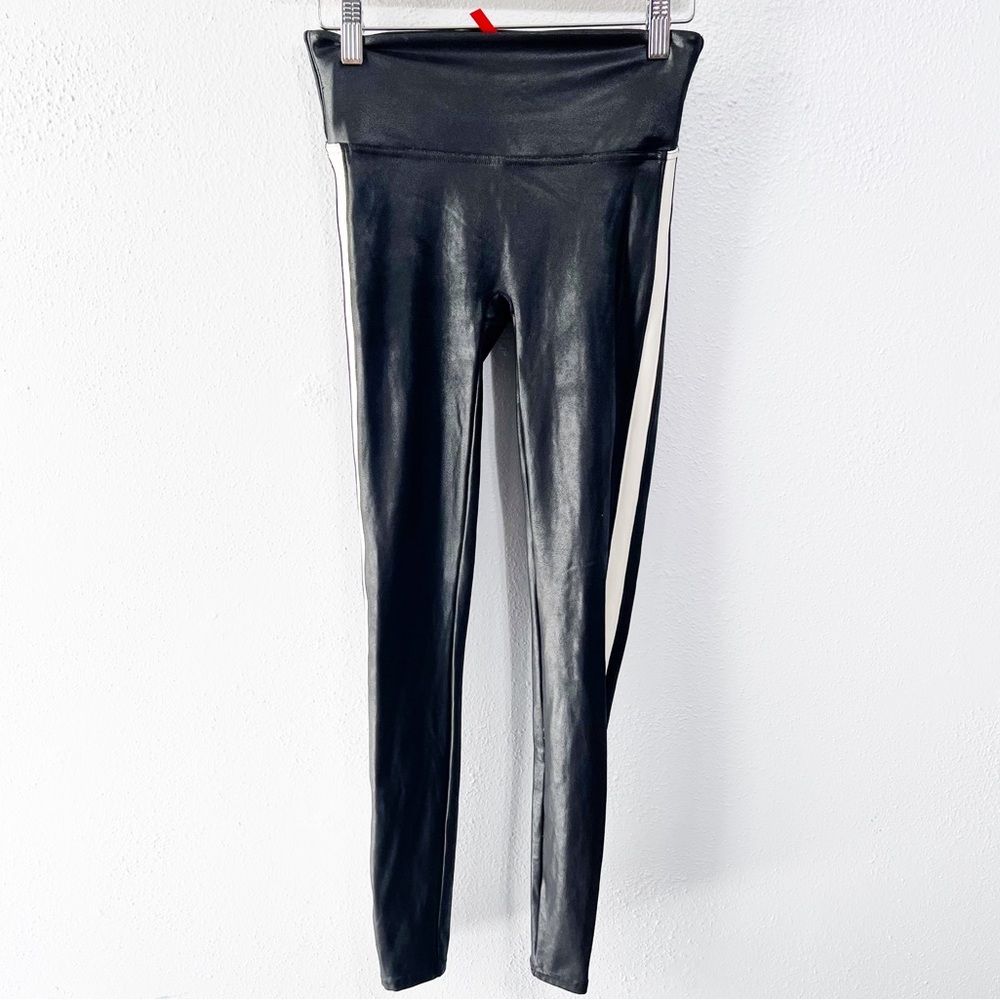 Spanx black faux leather ankle legging white racing stripe size small